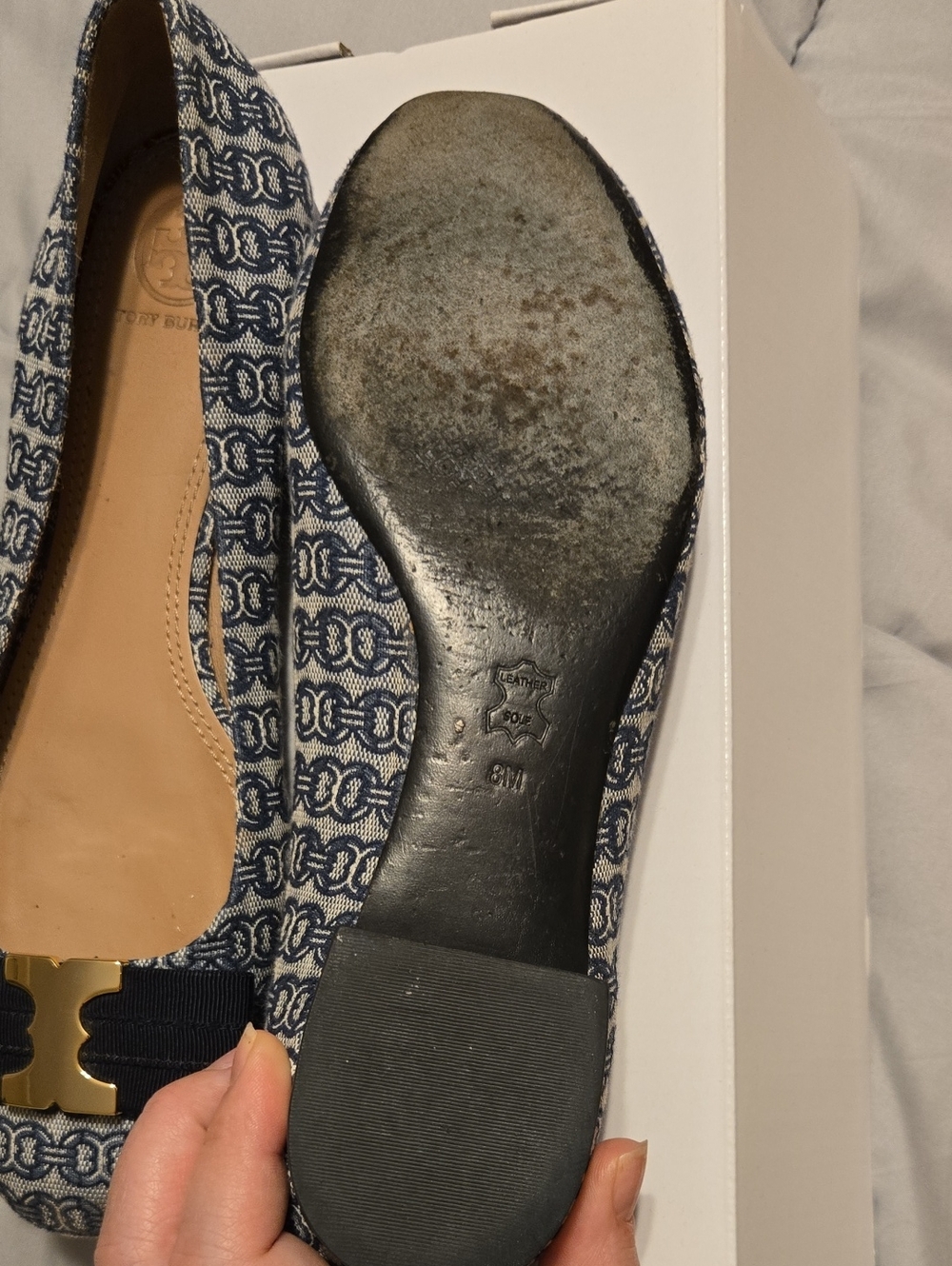 Tory Burch Blue Patterned Logo Ribbon Flats with Gold Hardware - Picture 3 of 3